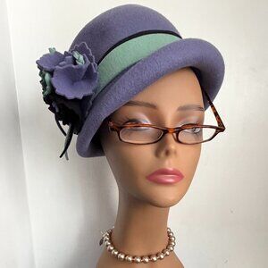 Vintage 80s Brimmed Fedora Lavender Seafoam Green Band Floral Wool Felt Hat